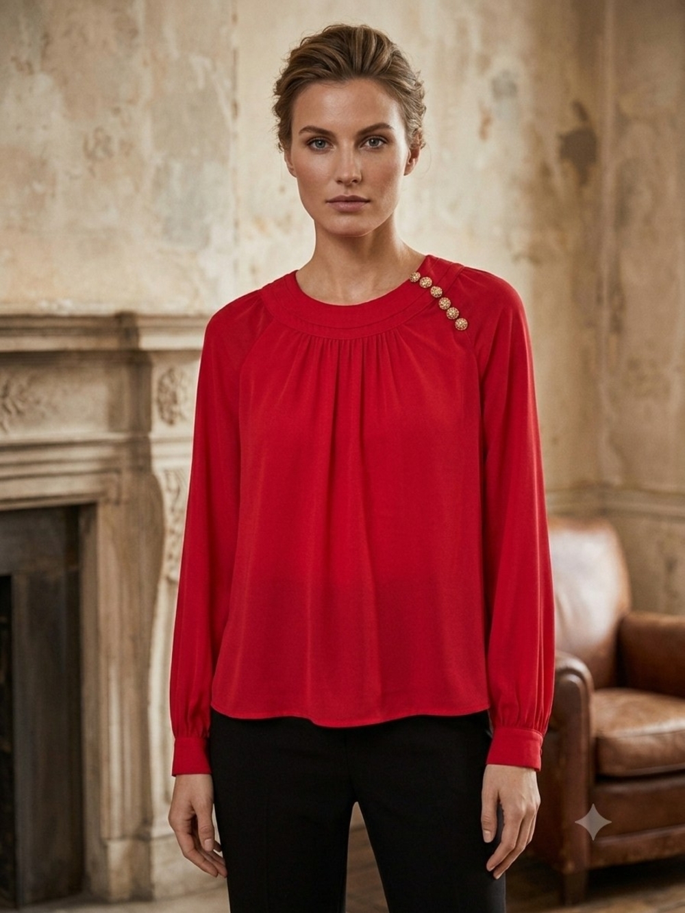 Jade Melody Tam Red Long-Sleeve Blouse with Shoulder Button Detail